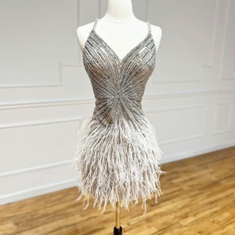 Beige Rhinestone Feather Mini Dress